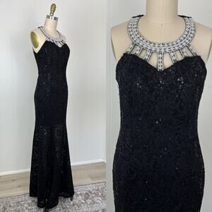 Vintage 90s Y2K Black Lace Maxi‎ Dress Gown Medium Beaded Rhinestone Mermaid Hem